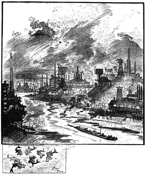 An industrial district along a polluted river